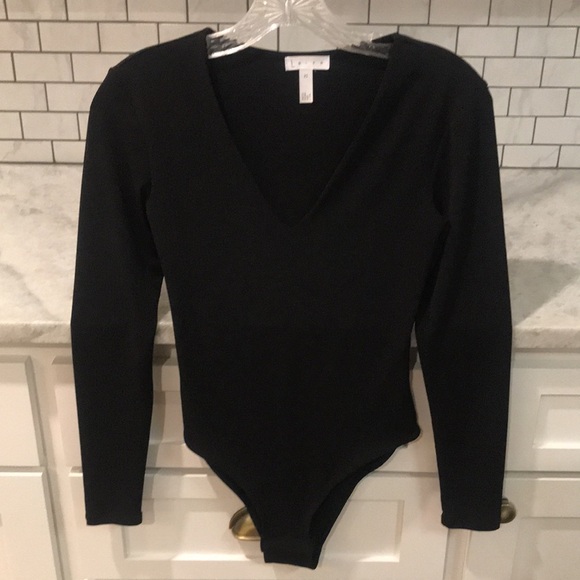 Leith Tops - Leith Bodysuit Womens XS Black Bodycon Bohemian Deep V Long Sleeve